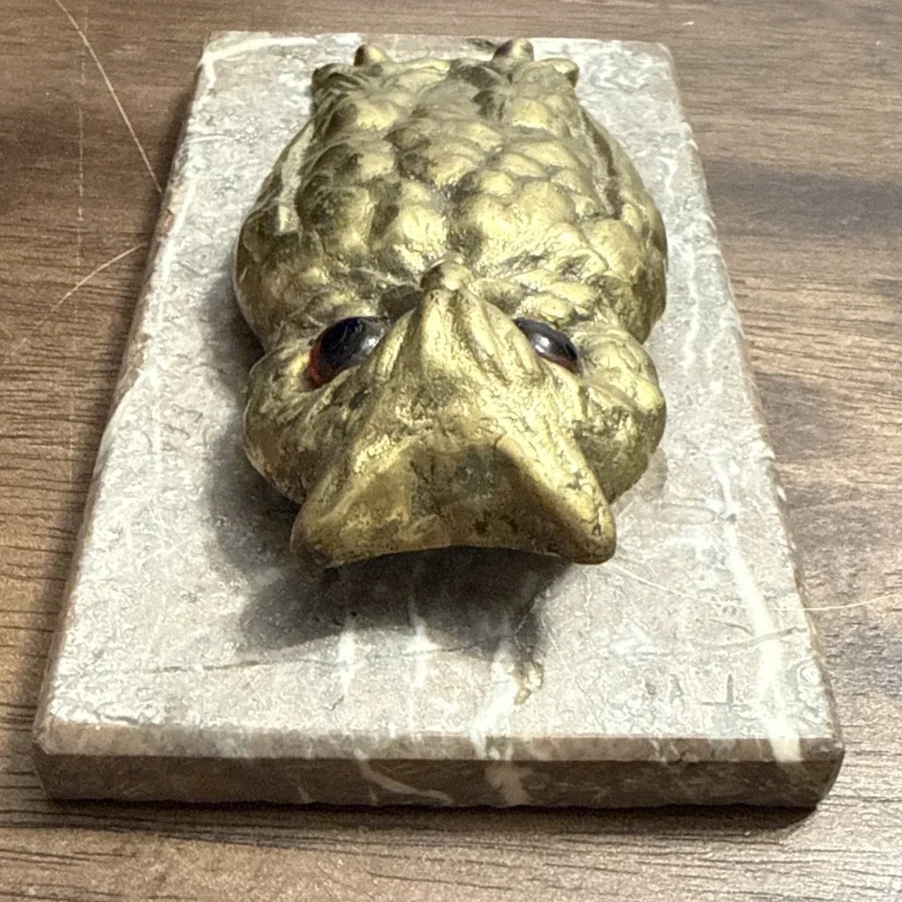 Antique OWL Figural Brass & Marble Desktop Paper Holder Paperclip Vintage Unique